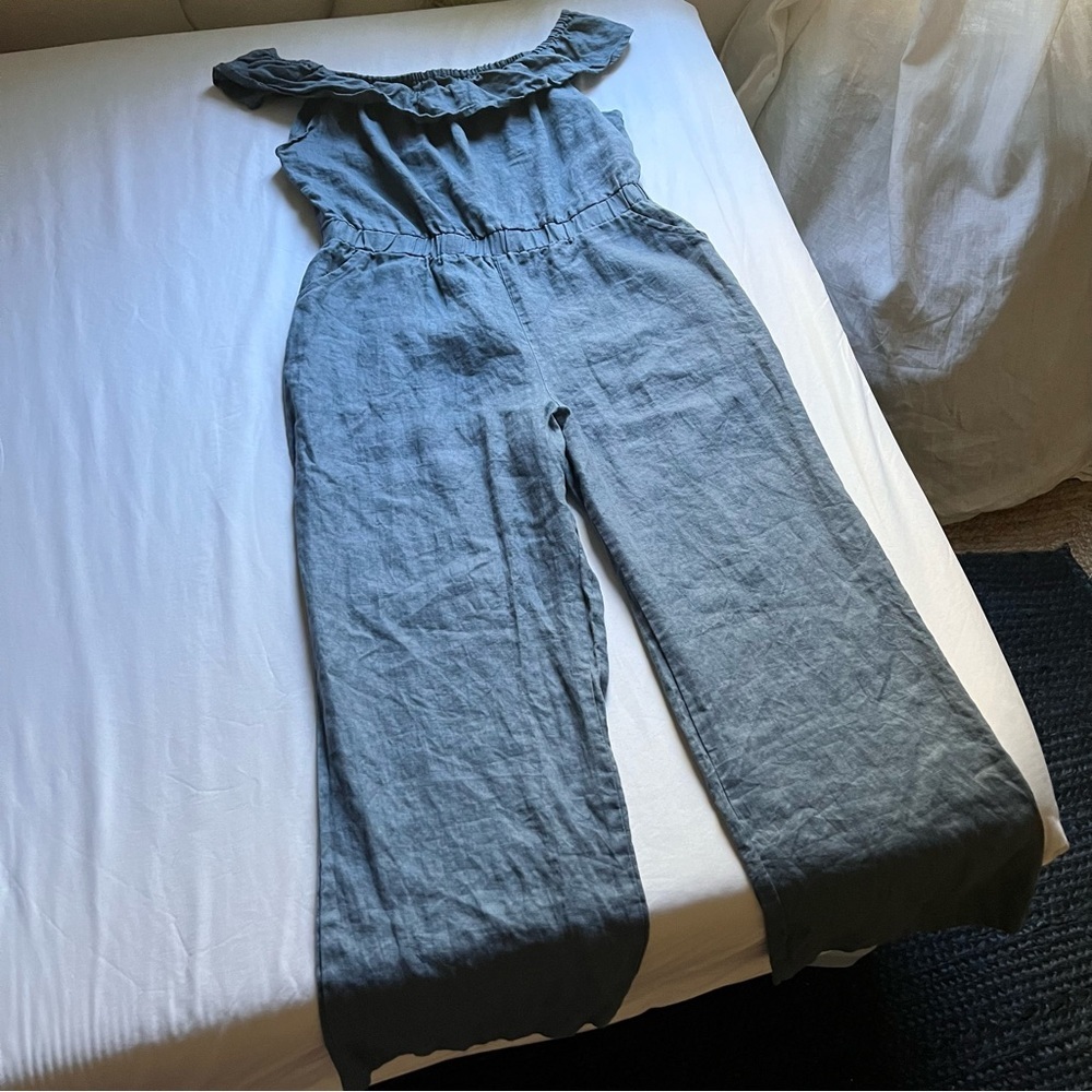 MARIYAAB denim blue linen off shoulder ruffle cropped wide straight leg jumpsuit